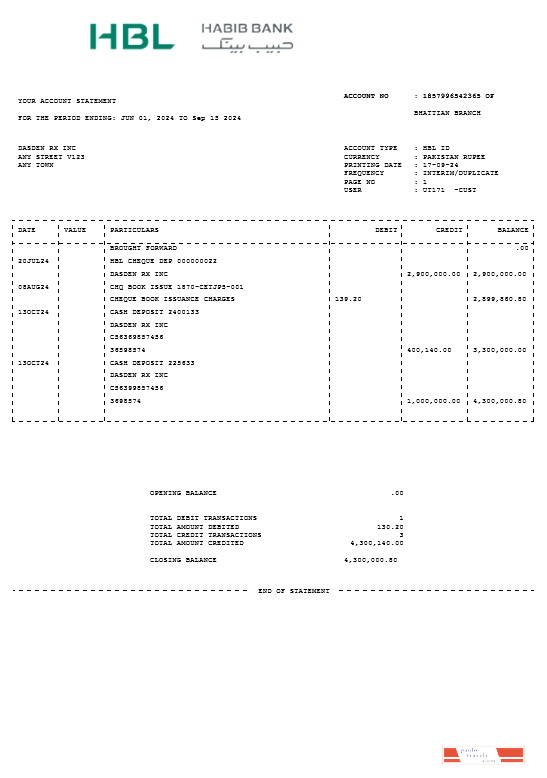 PAKISTAN HBL business utility bill Word and PDF template PSD template